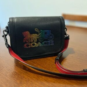 Coach Black Crossbody Bag with Rainbow Logo and Red Strap